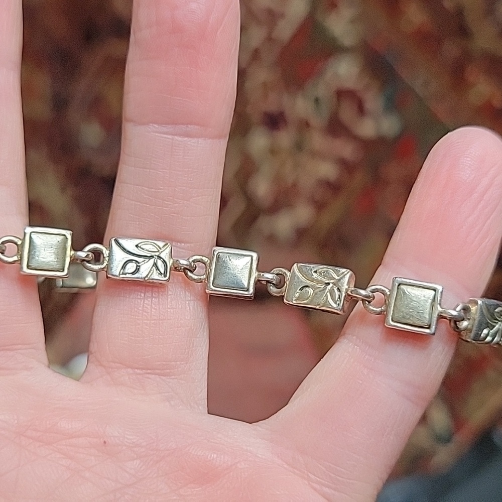 Silver Engraved Leaf Pattern Rectangle Square Lin… - image 1